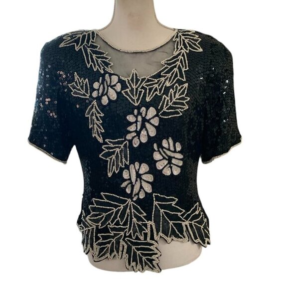 Vintage STENAY Black Beaded Sequin Silk Top Evening - Picture 1 of 5